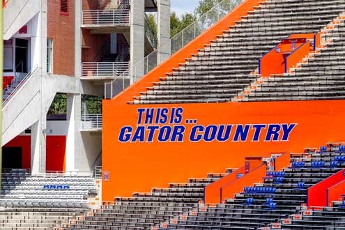 The large words This is Gator Country painted on a wall in the Ben Hill Griffin Stadium