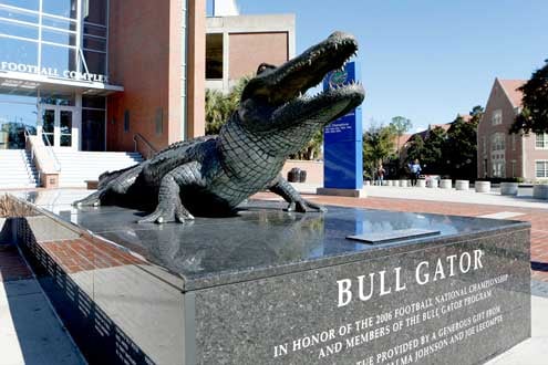 The bull gator statue in front of Ben Hill Griffin stadium