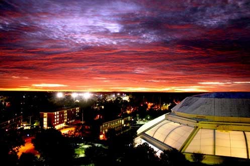 The stephen O'connell center from up high during sunset