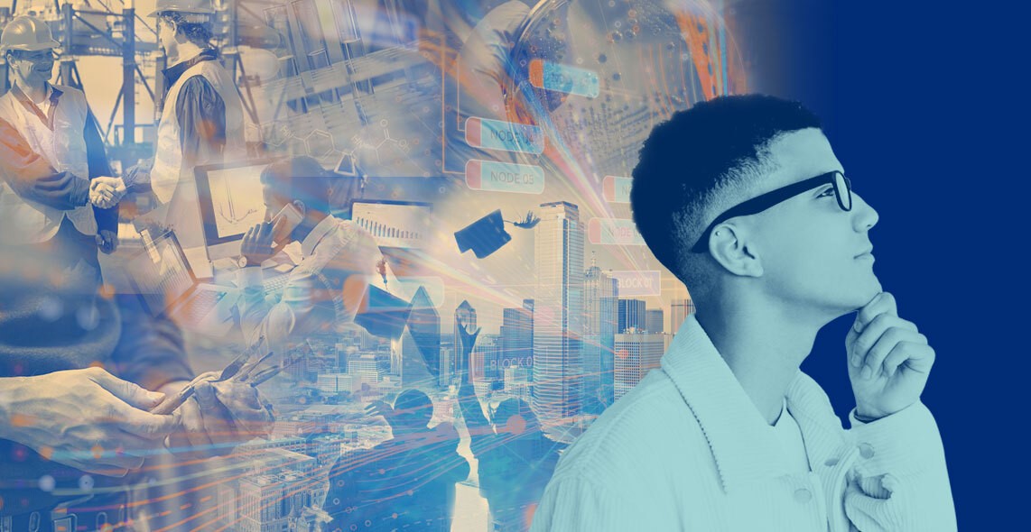 A Student thinking facing to the right while his "dreams" are shown visually behind him including graduating, solving problems, doing advancing science.