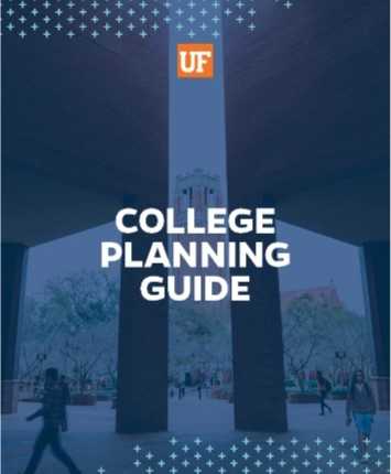 Cover of the college planning guide, girl walking on campus by the library