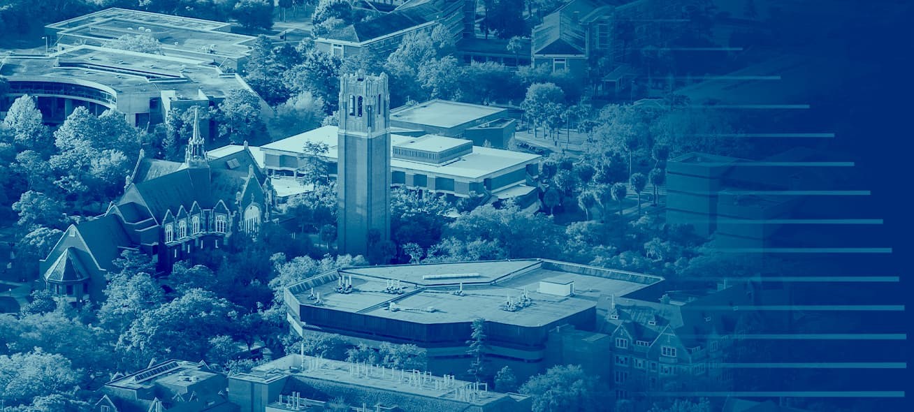 Overhead shot of the University of Florida's campus mainly featuring Century Tower.