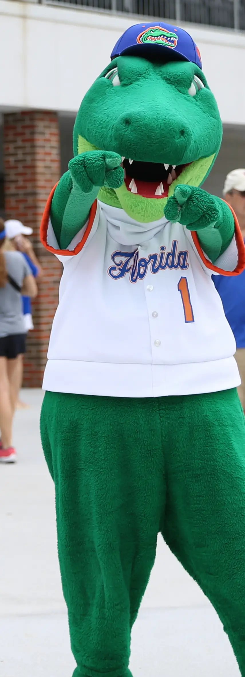 Albert Gator points at the camera in a sports jersey